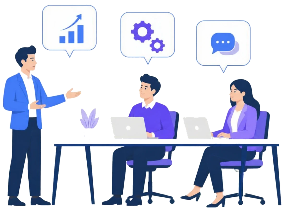 Sesi konsultasi: seorang pemapar menjelaskan di depan dua rekan yang bekerja dengan laptop, disertai balon berisi grafik, roda gigi, dan percakapan